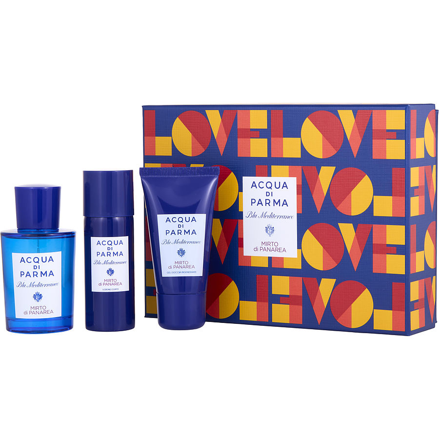 Acqua Di Parma Blue Mediterraneo Mirto Di Panarea By Acqua Di Parma for Unisex. Gift Set (Eau De Toilette Spray 2.5 oz + Body Lotion 1.7 oz + Shower Gel 1.4 oz) | Perfumepur.com