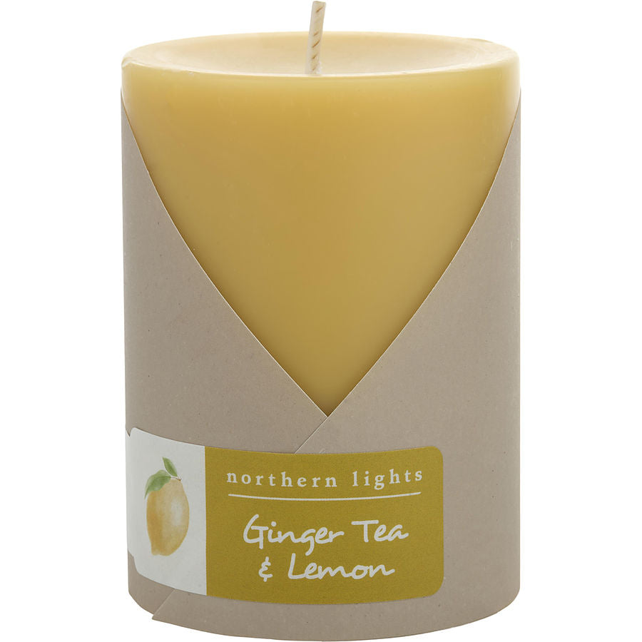 Ginger Tea & Lemon By Northern Lights for Unisex. One 3X4 Inch Pillar Candle. Burns Approx. 80 Hrs. | Perfumepur.com