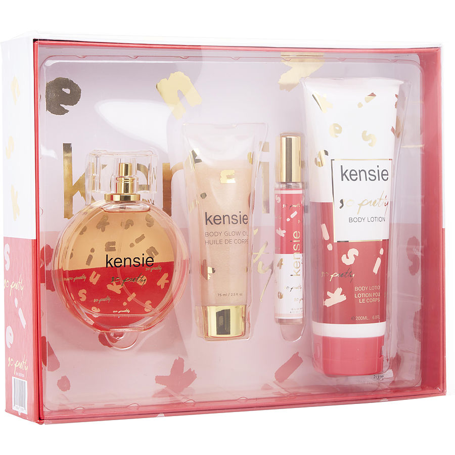 Kensie So Pretty By Kensie for Women. Gift Set (Eau De Parfum Spray 3.4 oz + Body Lotion 6.8 oz + Body Glow Oil 2.5 oz + Eau De Parfum Spray 0.33 oz Mini) | Perfumepur.com