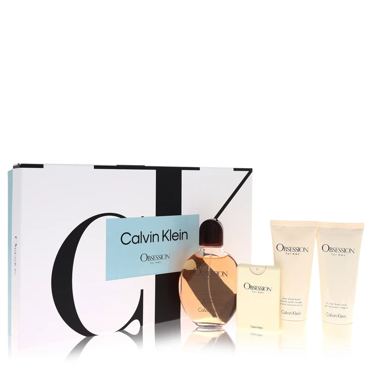 Obsession by Calvin Klein for Men. Gift Set (4.2 oz Eau De Toilette Spray + 0.67 oz Mini EDT Spray + 3.4 oz After Shave Balm + 3.4 oz Body Wash) | Perfumepur.com