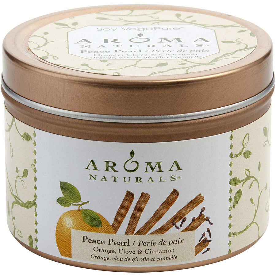 Peace Pearl Aromatherapy By Peace Pearl Aromatherapy for Unisex. One 2.5X1.75 Inch Tin Soy Aromatherapy Candle. Combines The Essential Oils Of Orange, Clove & Cinnamon To Create A Warm And Comfortable Atmosphere. Burns Approx. 15 Hrs. | Perfumepur.com