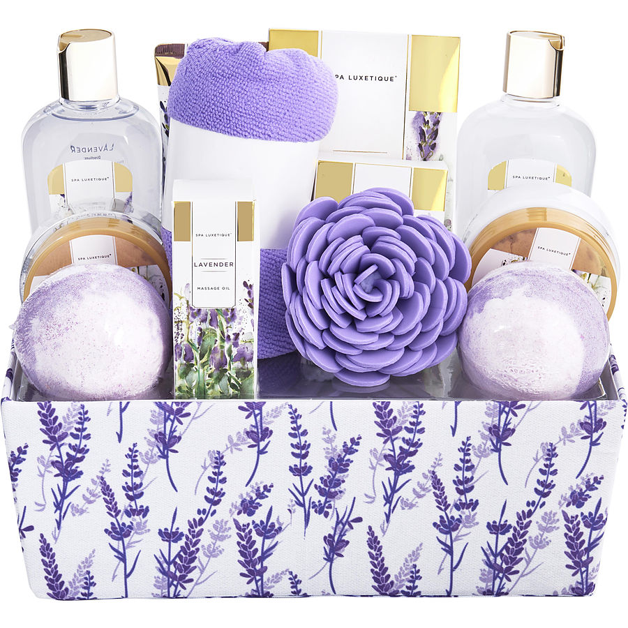 Spa Luxetique By Spa Luxetique for Women. Lavender Bath & Shower Basket: Shower Gel + Bubble Bath + Body Lotion + Hand Cream + Massage Oil + Bath Salt + Body Scrub + Soap + 2X Bath Bombs + Bath Loofah + Hair Drying Towel + Handmade Box (10Pcs + Box) | Perfumepur.com