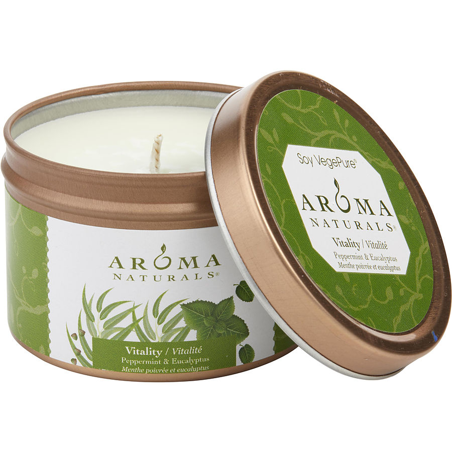 Vitality Aromatherapy By Vitality Aromatherapy for Unisex. One 2.5X1.75 Inch Tin Soy Aromatherapy Candle. Uses The Essential Oils Of Peppermint & Eucalyptus To Create A Fragrance That Is Stimulating And Revitalizing. Burns Approx. 15 Hrs. | Perfumepur.com