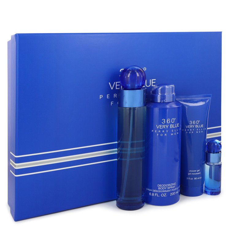 Perry Ellis 360 Very Blue by Perry Ellis for Men. Gift Set - 3.4 oz Eau De Toilette Spray + .25 oz Mini EDT Spray + 3 oz Shower Gel + 6.8 oz Body Spray --